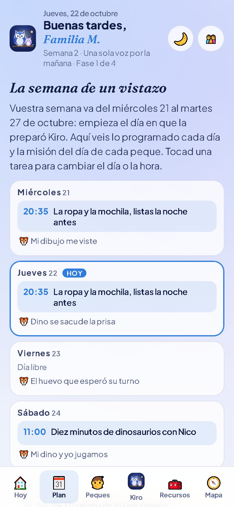 La semana de un vistazo: tareas de los adultos con hora y la misión del día del peque