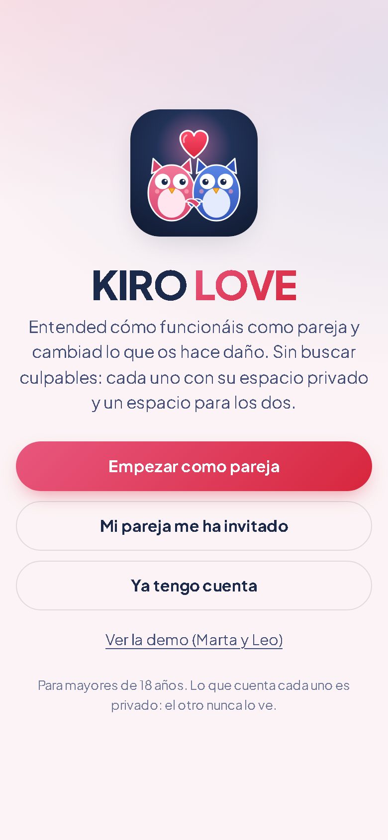 Bienvenida de KIRO LOVE: crear la pareja o unirse con un código