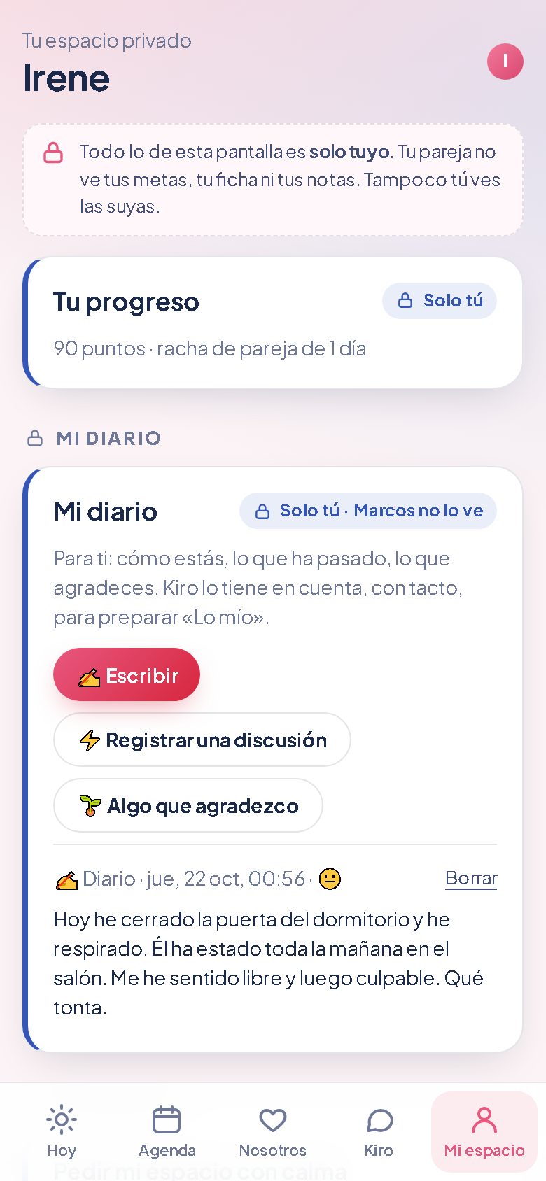 Mi espacio: progreso y diario privado