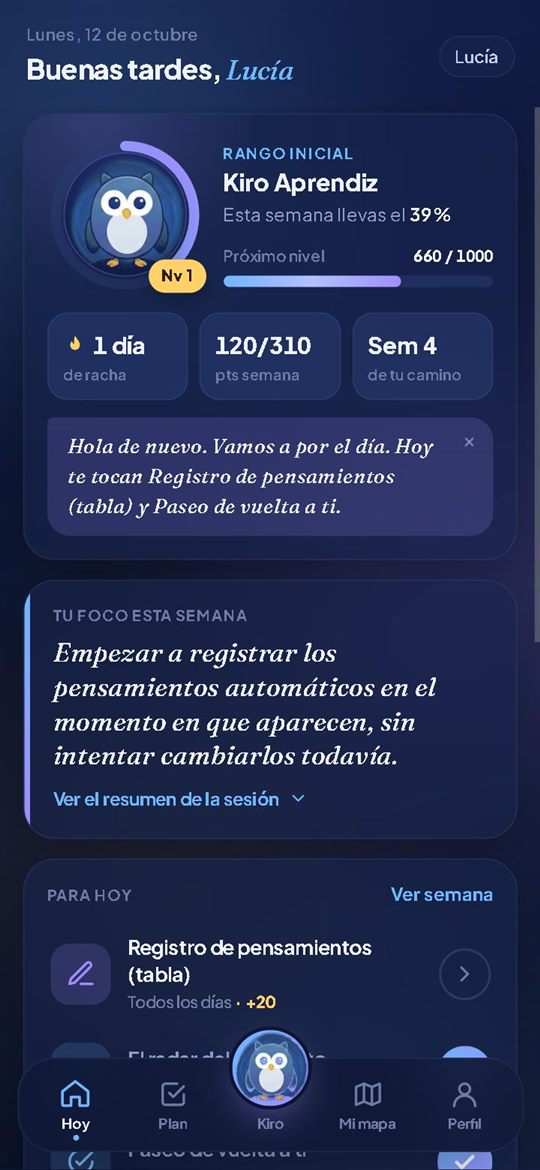 Pantalla Hoy de la app KIRO: Kiro, el porcentaje de la semana, el foco semanal y los ejercicios del día