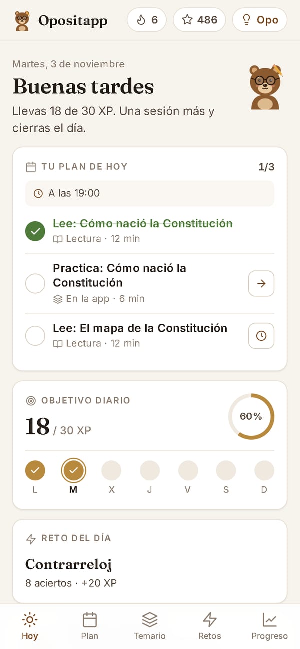 Pantalla Hoy de Opositapp: el plan del día, el objetivo diario de puntos y el reto del día